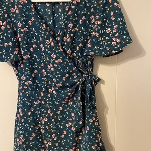 Emerald green floral V cut wrap dress - day dress, shower party dress